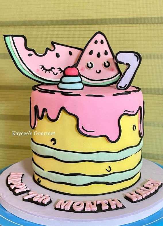 50 Layers of Happiness Birthday Cakes that Delight : Pink Drip Comic Cake for 7th Birthday