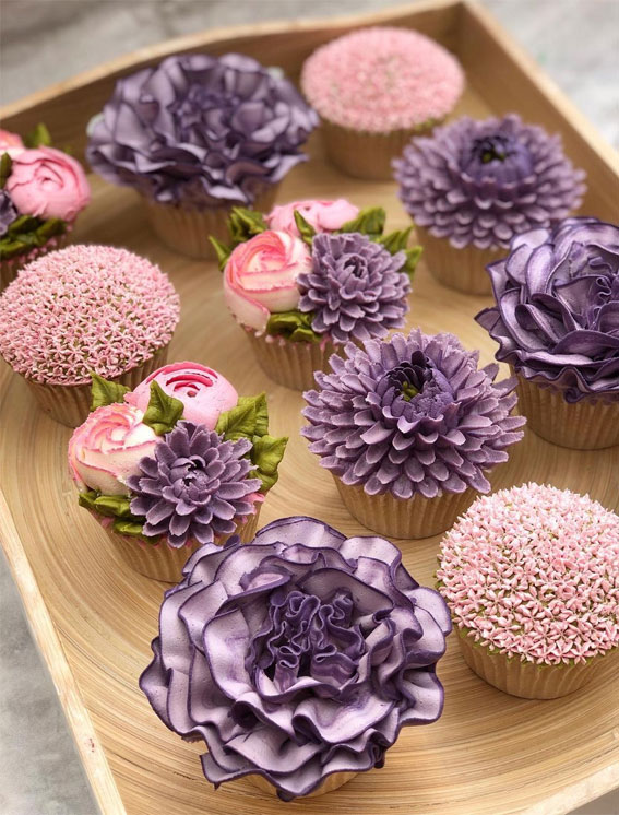 42 Heavenly Delights A Collection of Gourmet Cupcakes : Carnation & purple buttercream flowers