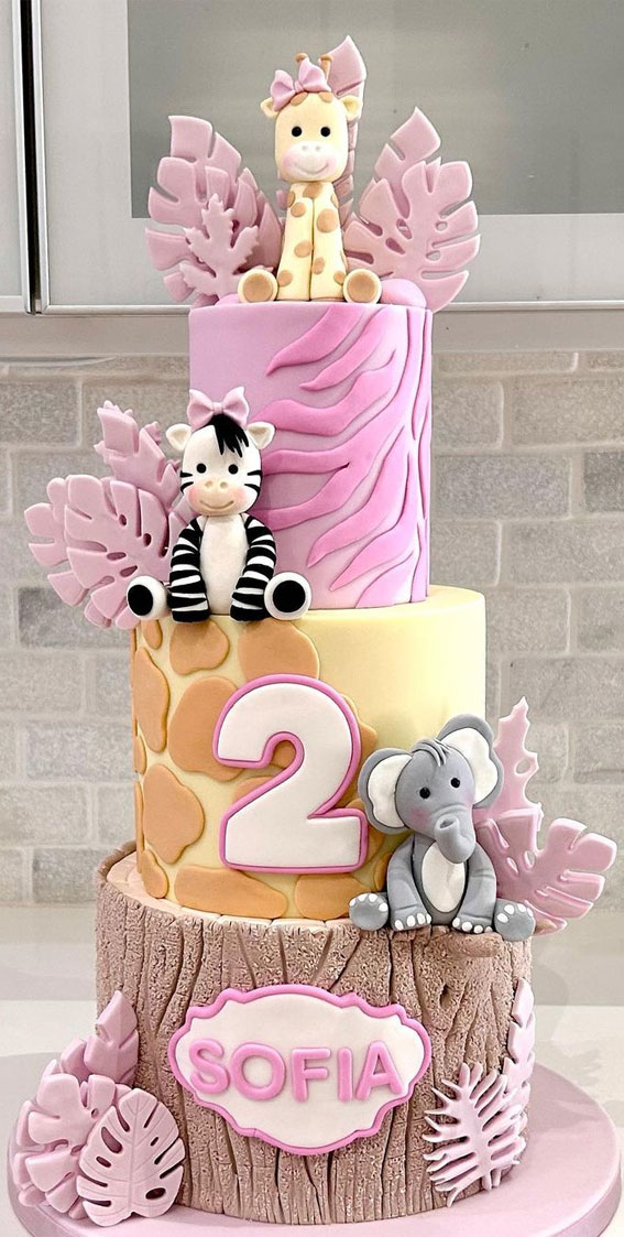 50 Birthday Cake Ideas to Mark Another Year of Joy : Pink Jungle Birthday Cake for 2nd Birthday