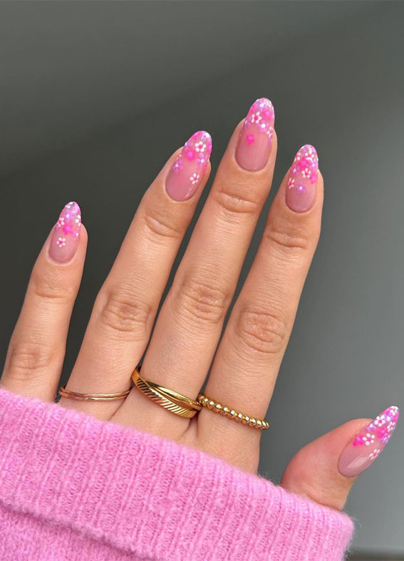 Bloom into Summer with Gorgeous Floral Nail Designs : Pink Flower French Tip Nails