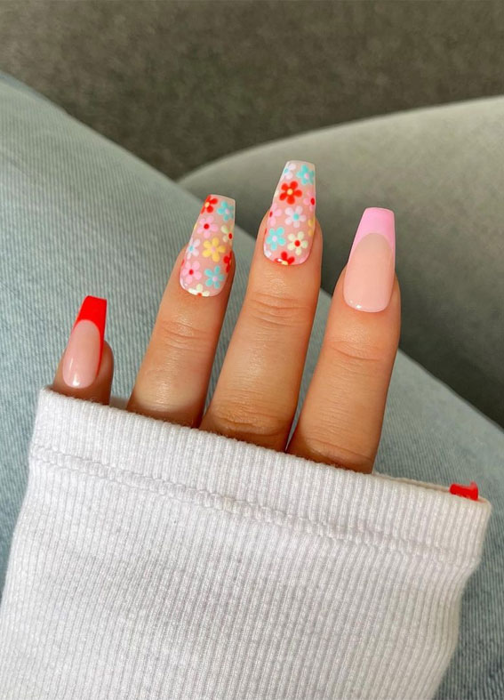 Bloom into Summer with Gorgeous Floral Nail Designs : Pink & Red French Tips + Colourful Floral Nails