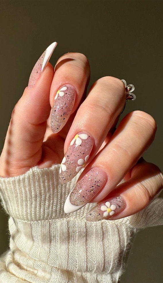 Bloom into Summer with Gorgeous Floral Nail Designs : Shimmery Sheer Nails with Flowers