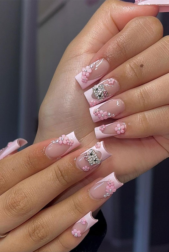 Bloom into Summer with Gorgeous Floral Nail Designs : 3D Pink Flower French Tips