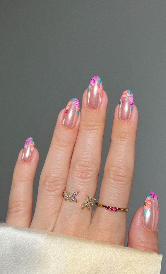 Bloom into Summer with Gorgeous Floral Nail Designs : Flower Tips Peach Chrome Nails