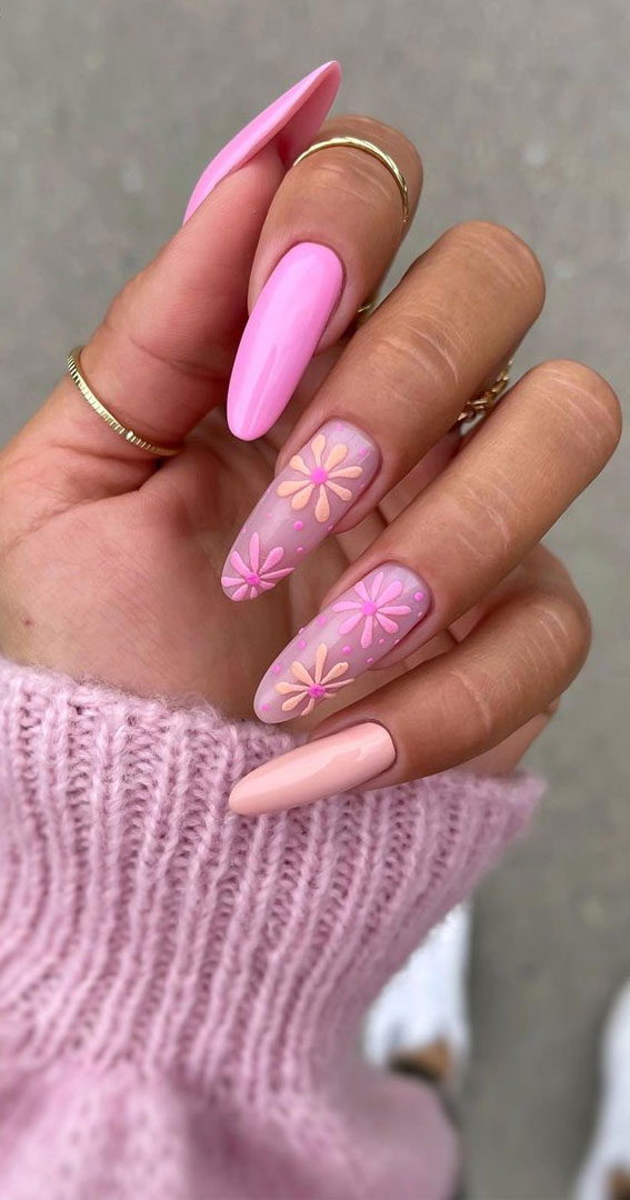 Bloom into Summer with Gorgeous Floral Nail Designs : Pink & Light Peach Flower Almond Nails