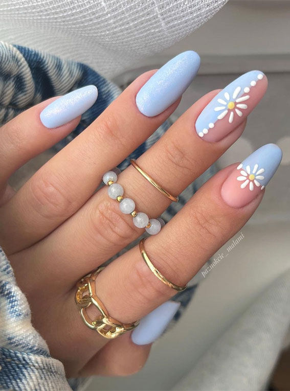 Bloom into Summer with Gorgeous Floral Nail Designs : Half Blue Half Nude with Flower Accents