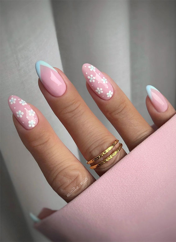 Bloom into Summer with Gorgeous Floral Nail Designs : White Ditsy Flower & Light Blue Tips