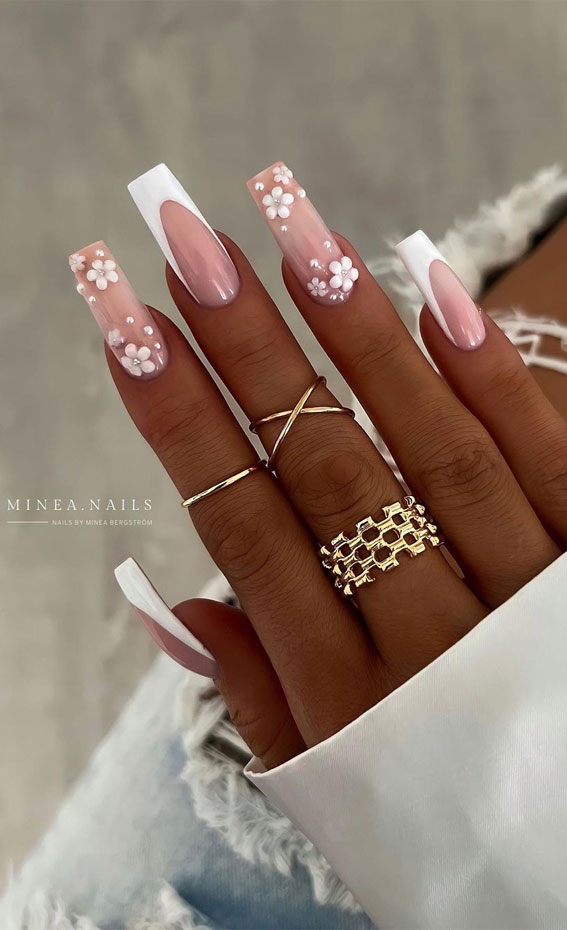 Bloom into Summer with Gorgeous Floral Nail Designs : White 3D Flower Acrylic Nails