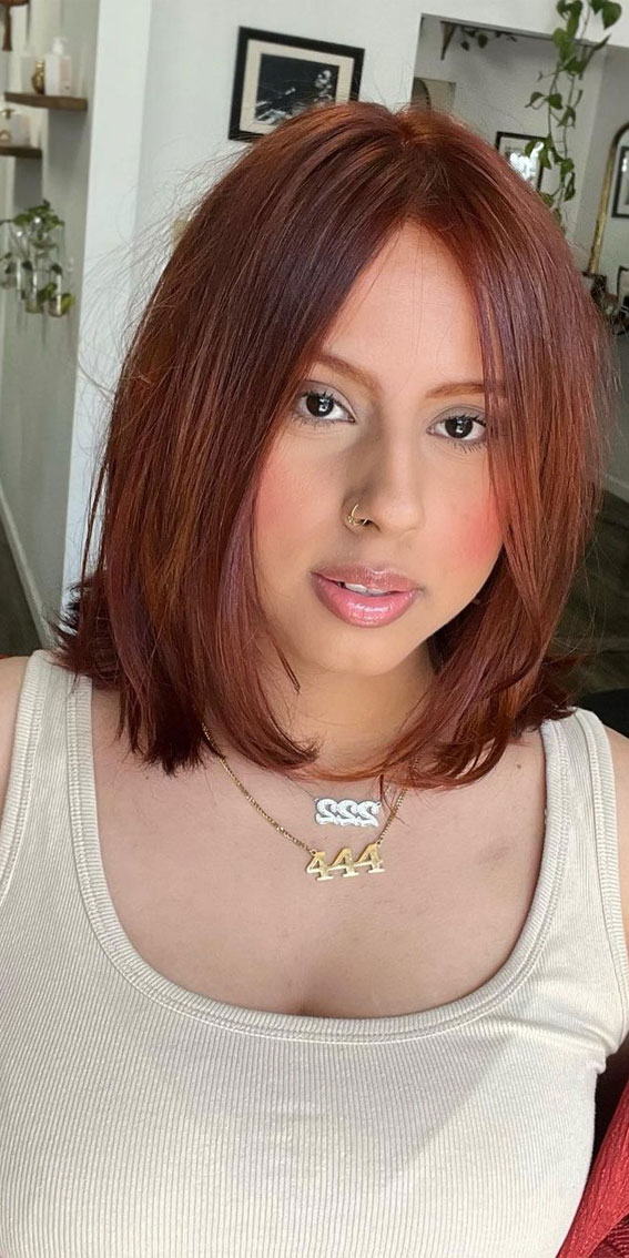 50 Exciting Hair Colour Ideas & Hairstyles for Brunettes : Long Bob Copper with Red Undertones