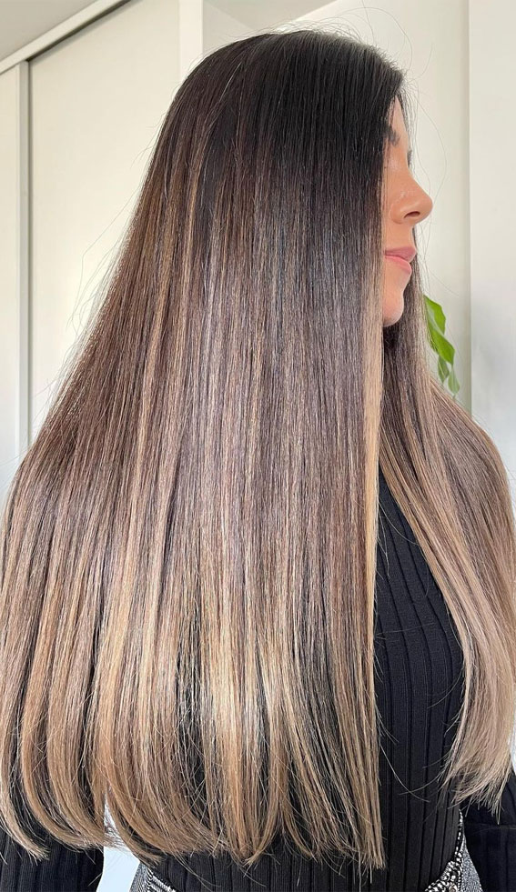 50 Exciting Hair Colour Ideas & Hairstyles for Brunettes : Honey Blonde Ombre Long Hair
