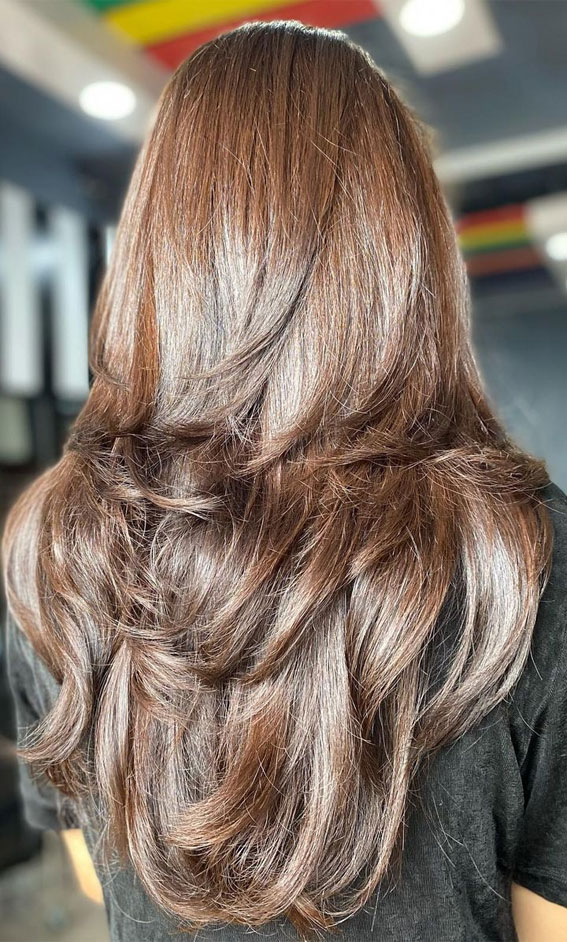 50 Inspiring Hair Colour Ideas for All Ages : Glossy Mocha Brown Butterfly Haircut