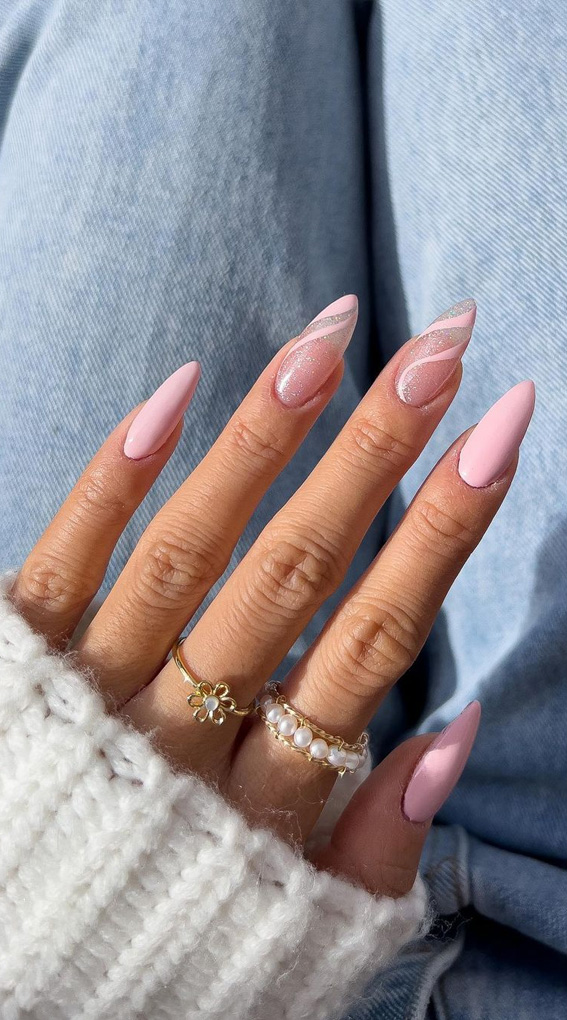 30 Playful Pink Nail Art Designs For Every Occasion : Shimmery Sheer Nails with Pink Details