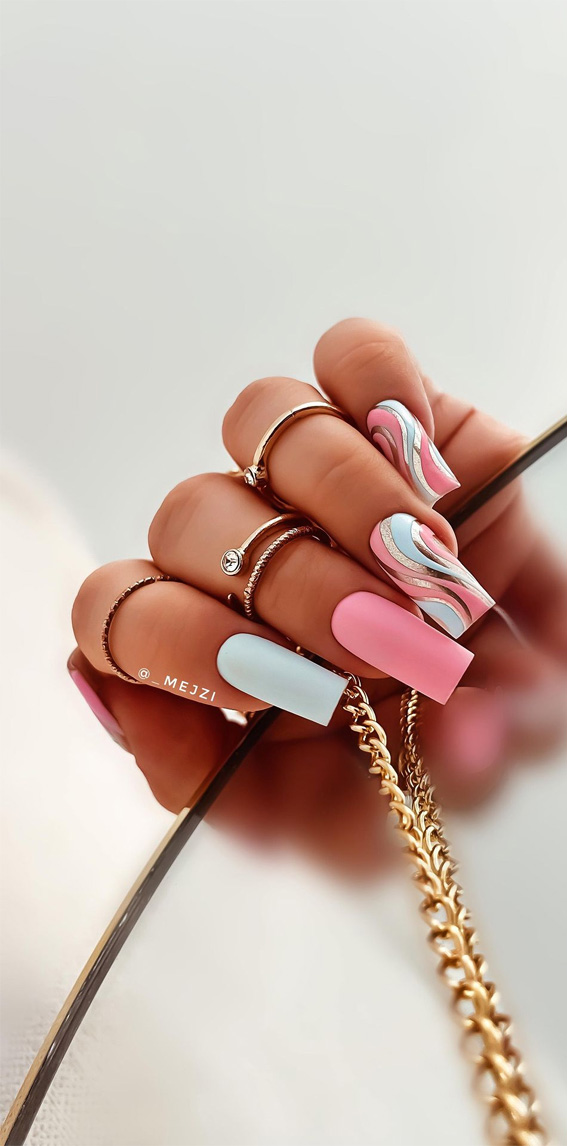 30 Playful Pink Nail Art Designs For Every Occasion : Blue and Pink Swirl Nails