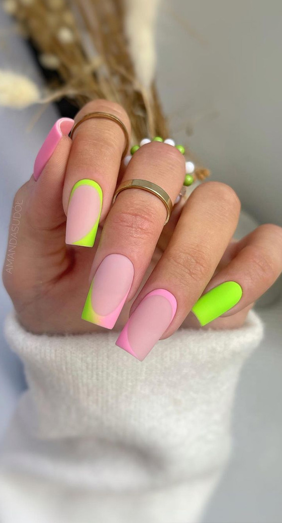 30 Playful Pink Nail Art Designs For Every Occasion : Neon Green & Pink Nails Design
