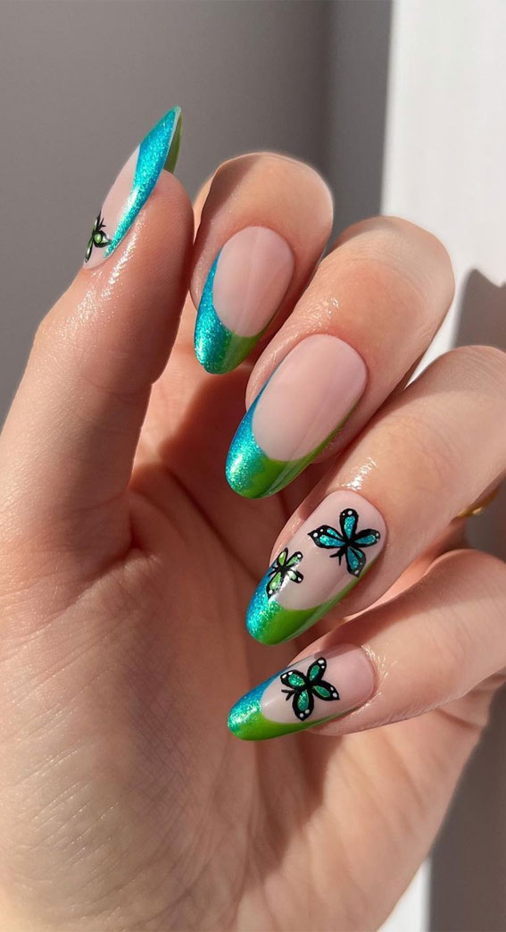 Celebrate Summer with These Cute Nail Art Designs : Shimmery Blue Green + Butterfly