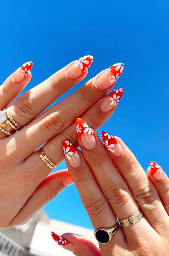 50 Trendy Summer Nail Colours & Designs : Red Nails with White Swirlies