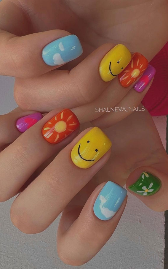 Channel the Enchanting Spirit of Summer on Your Nails : Colourful Mix n Match Short Nails