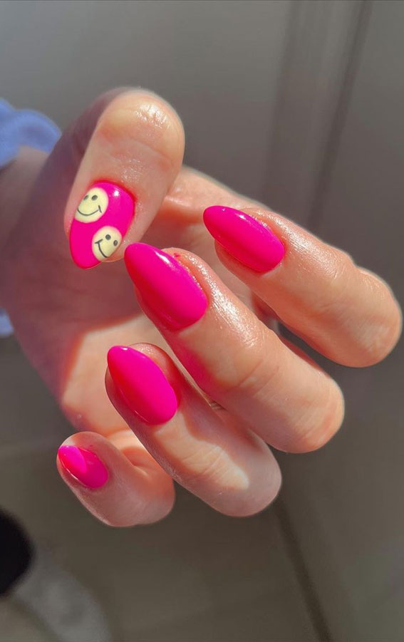 Celebrate Summer With These Cute Nail Art Designs : Bright Pink Nails with Smiley Faces