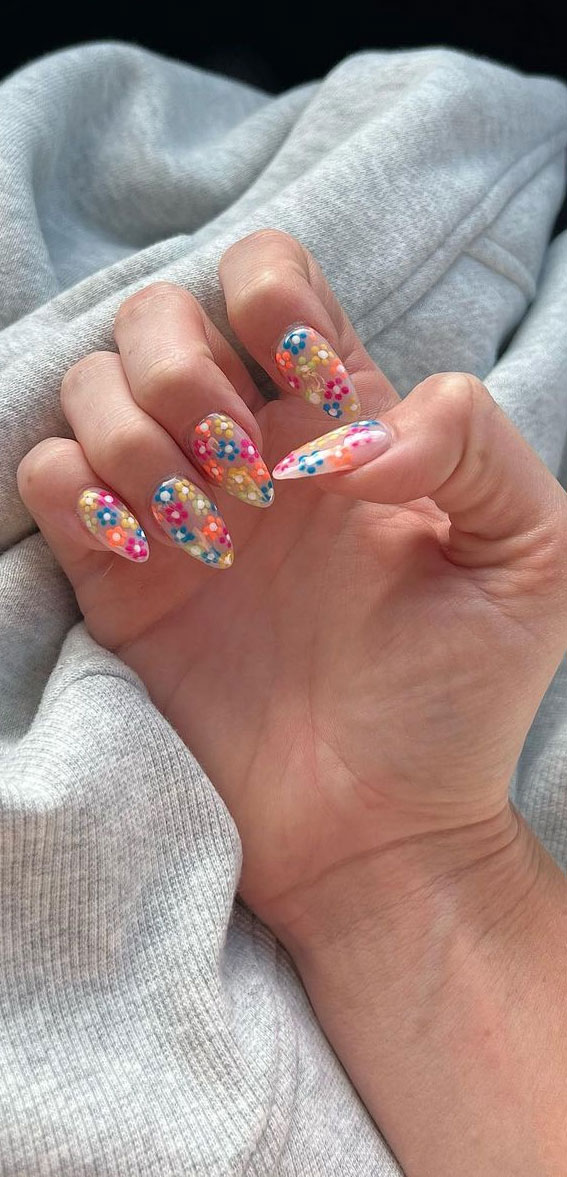 Celebrate Summer With These Cute Nail Art Designs : Colourful Flower Sheer Nails
