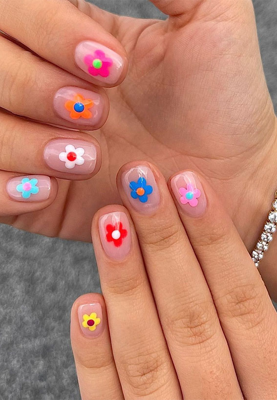 Celebrate Summer With These Cute Nail Art Designs : Colorful Flower Short Nails