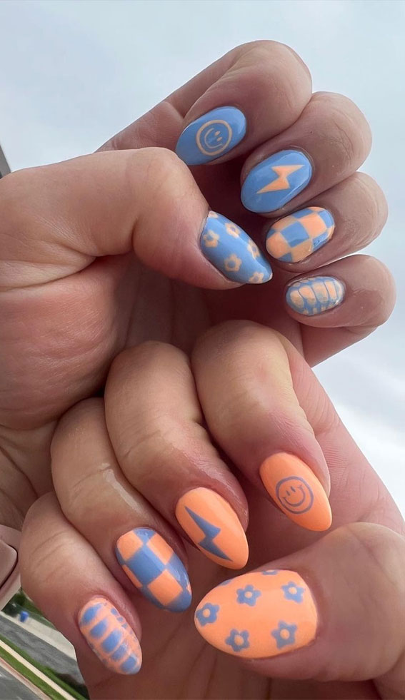 Celebrate Summer With These Cute Nail Art Designs : Funky Blue and Peach Nails