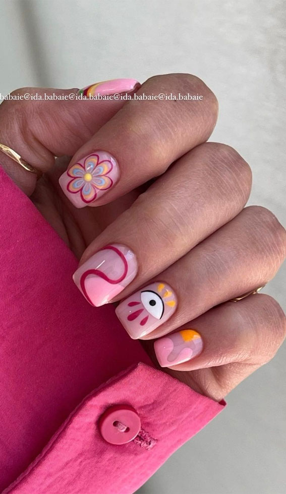 Celebrate Summer With These Cute Nail Art Designs : Flower & Evil Eye Pink Nails