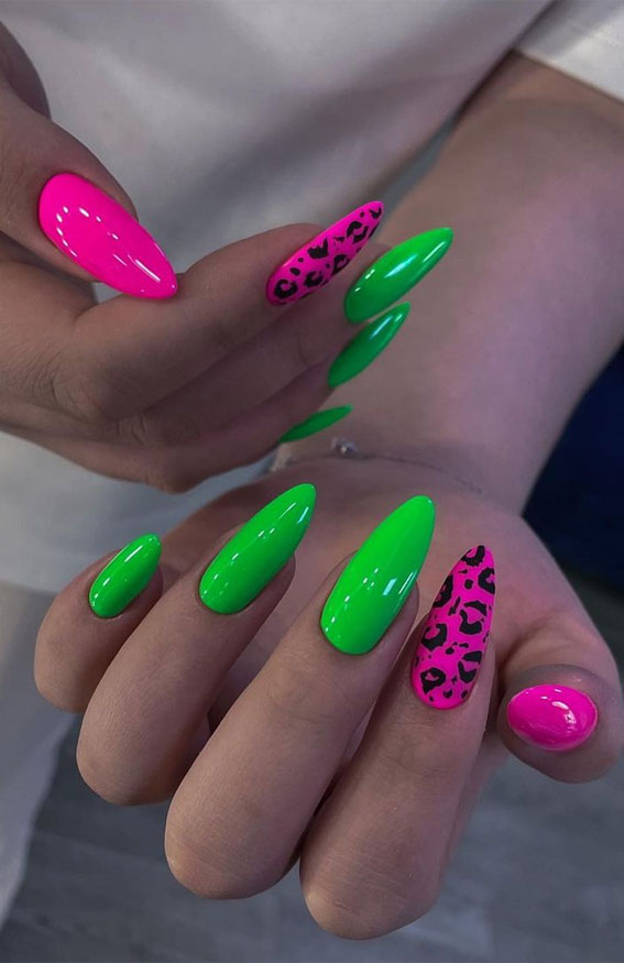Celebrate Summer With These Cute Nail Art Designs : Green & Pink Leopard Nails
