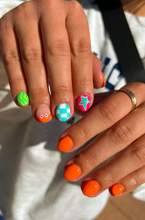Celebrate Summer With These Cute Nail Art Designs : Orange & Colourful Short Nails