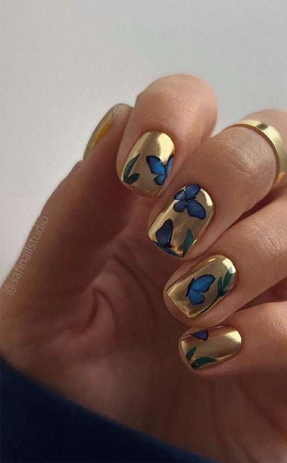 Channel the Enchanting Spirit of Summer on Your Nails : Blue Butterfly Gold Nails