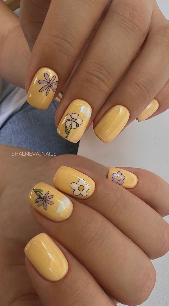 Channel the Enchanting Spirit of Summer on Your Nails : Creamy Yellow Nails  with Flowers