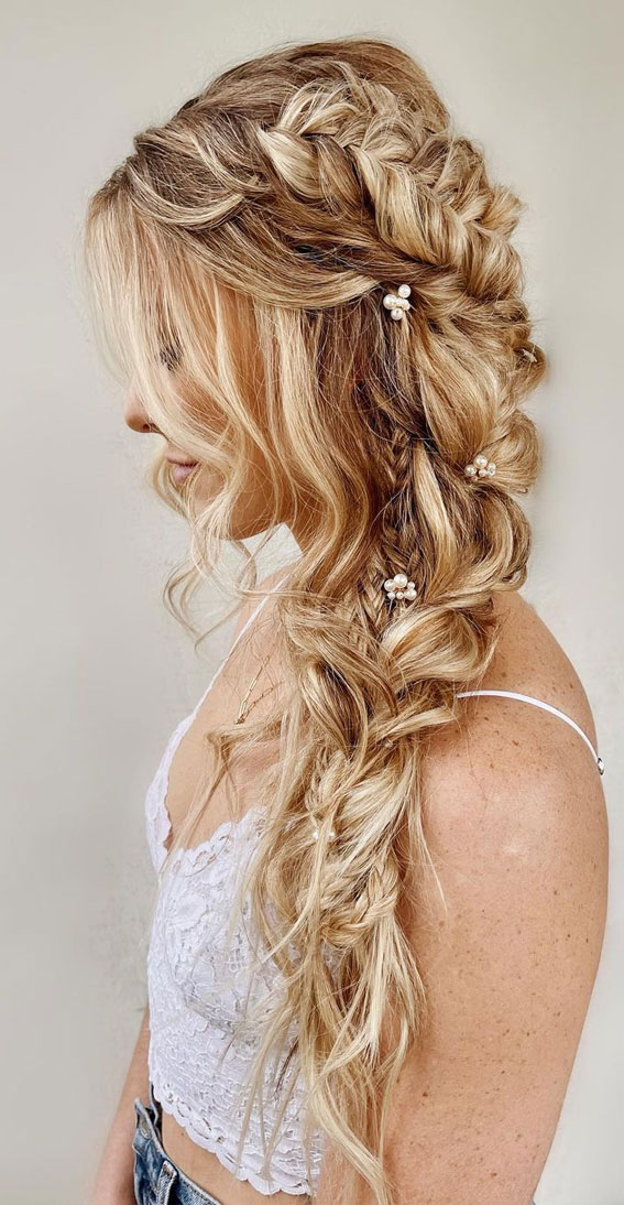 27 Effortlessly Beautiful Hairstyles for a Bohemian Wedding : Mixed Braids + Pearl Pins