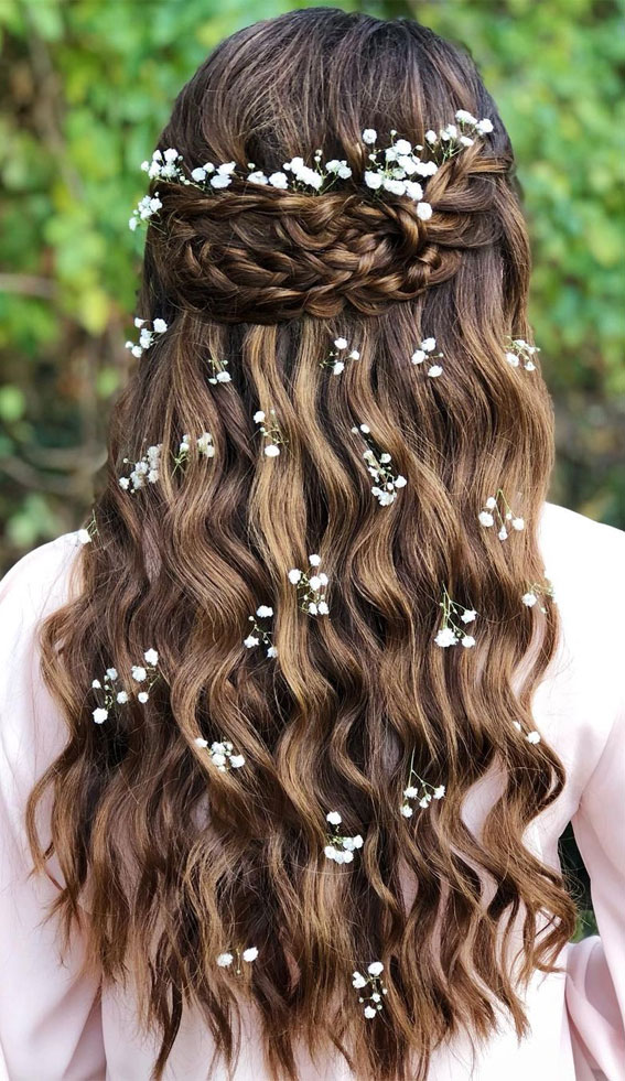 27 Effortlessly Beautiful Hairstyles for a Bohemian Wedding : Braids + Half Up + Baby’s Breath