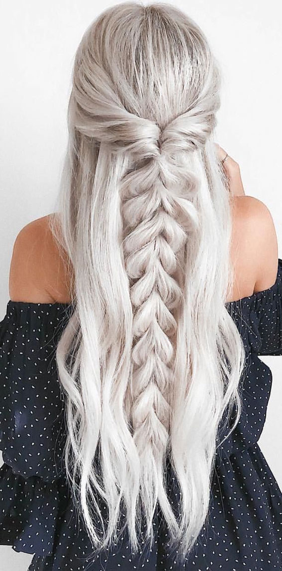 33 Cute & Trendy Hairstyle Ideas With Braids : Icy Blonde Pull Through Braided Half Up