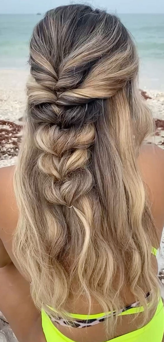 33 Cute & Trendy Hairstyle Ideas With Braids : Easy Braided Beachside Half Up