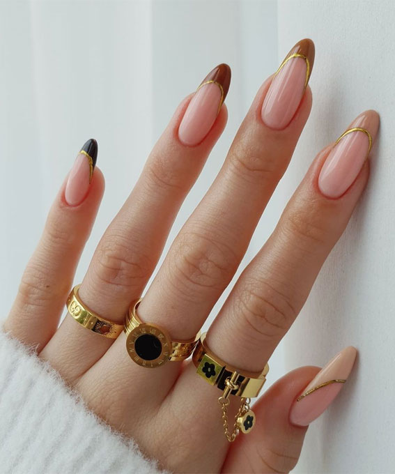 27 Glamorous, Soft, and Subtle Autumn Nail Designs : Double French Tips with Gradient Earthy-Toned & Gold