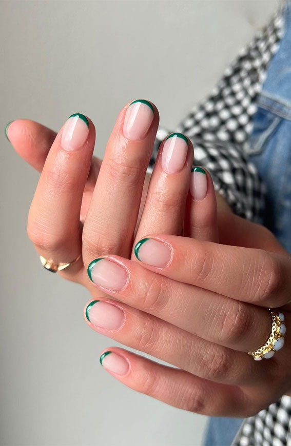 27 Glamorous, Soft, and Subtle Autumn Nail Designs : Thin Green French Tip Nails