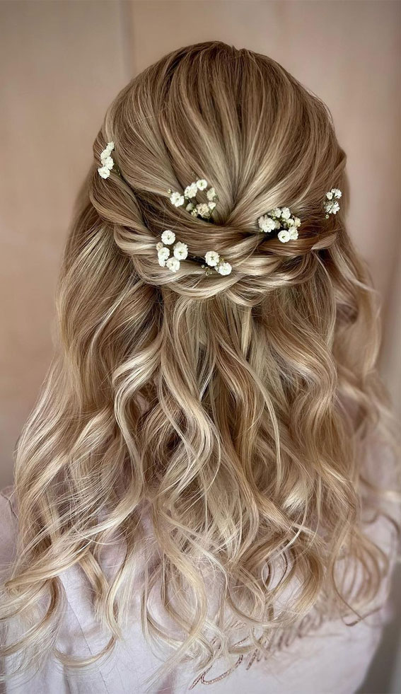 Half-Up, Half-Down Wedding Hairstyles that’re Chic and Versatile : Twisted Half Up with Baby’s Breath