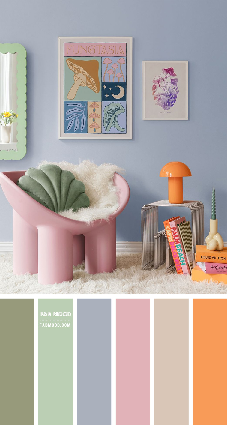 whimsical color palette, pastel living room, blue wall living room, blue and pink living room, pastel color ideas for living room