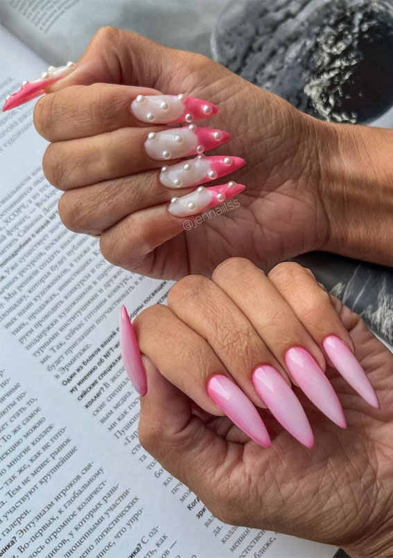 50 Pick and Mix Nail Designs for an Unboring Look : Pink Ombre & French Tips with Pearl