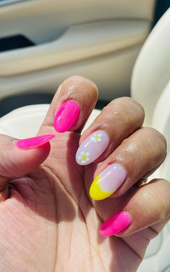 50 Pick and Mix Nail Designs for an Unboring Look : Bright Pink & Yellow French Manicure