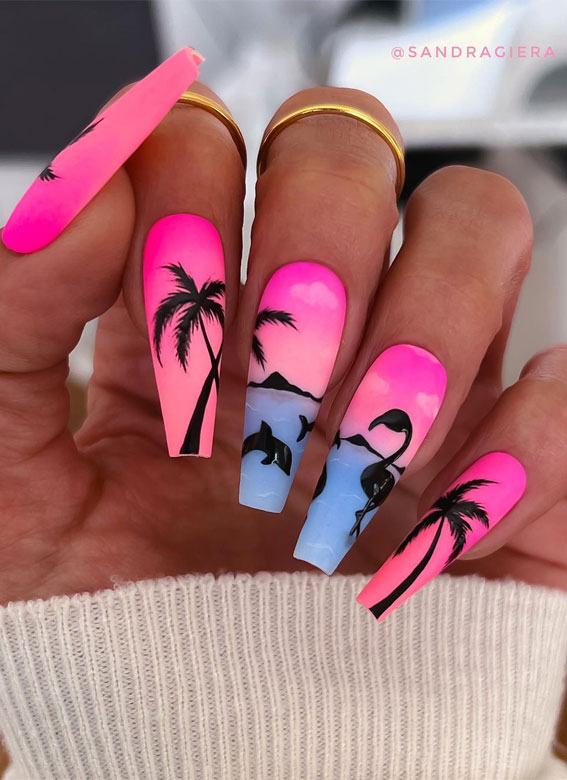 50 Pick and Mix Nail Designs for an Unboring Look : Pink Beach Tropical Vibe Nails