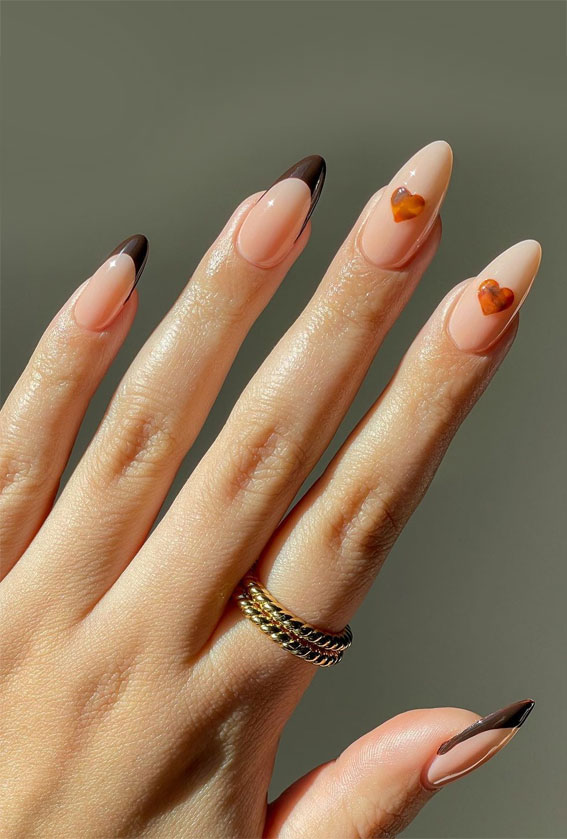 27 Glamorous, Soft, and Subtle Autumn Nail Designs : Tortoise Heart + Brown French Tip Nails