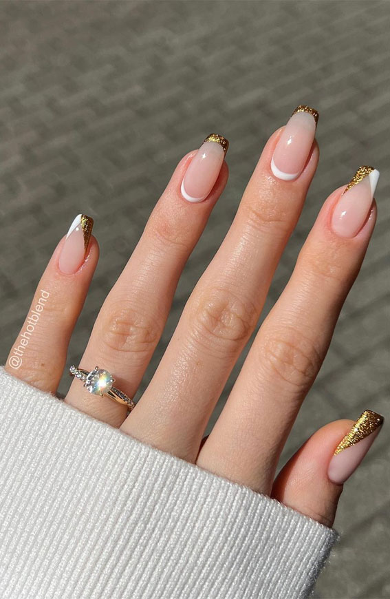 27 Glamorous, Soft, and Subtle Autumn Nail Designs : Glitter & White Tip Glam Nails