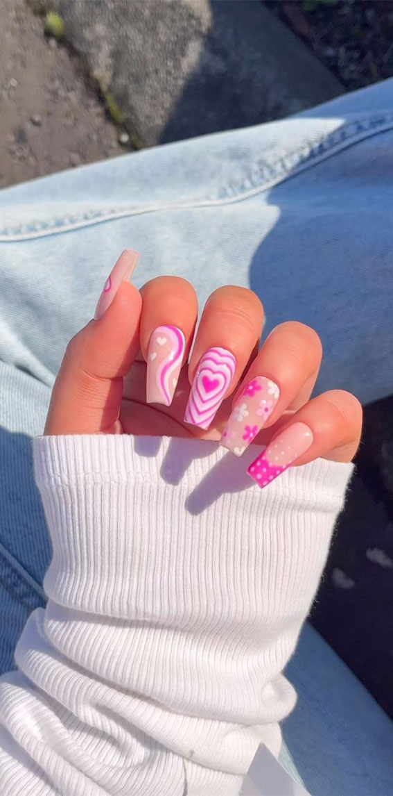 50 Pick and Mix Nail Designs for an Unboring Look : Pink Mix n Match  Acrylic Nails