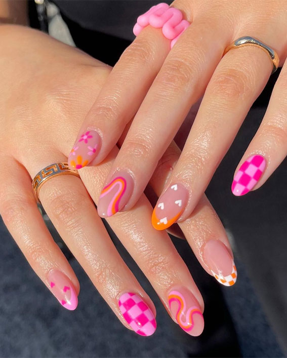 50 Pick and Mix Nail Designs for an Unboring Look : Pink & Orange Rainbow + Checker Nails