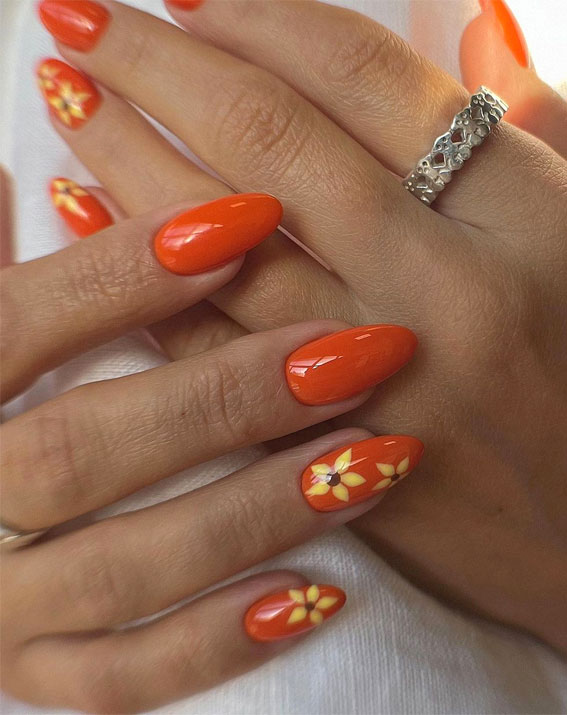 50 Pick and Mix Nail Designs for an Unboring Look : Orange Nails with Floral Accents