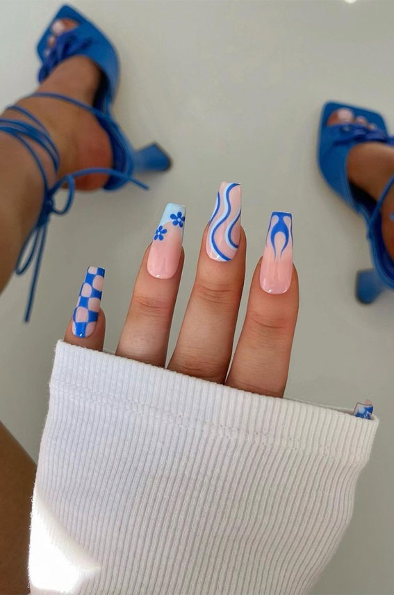 50 Pick and Mix Nail Designs for an Unboring Look : Blue Y2K Acrylic Nails