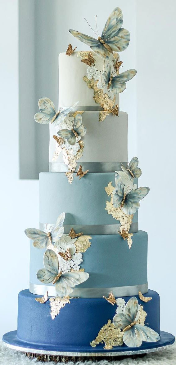 50 Artistic Masterpiece Wedding Cakes : Blue Ombre Cake with Gold Leaf