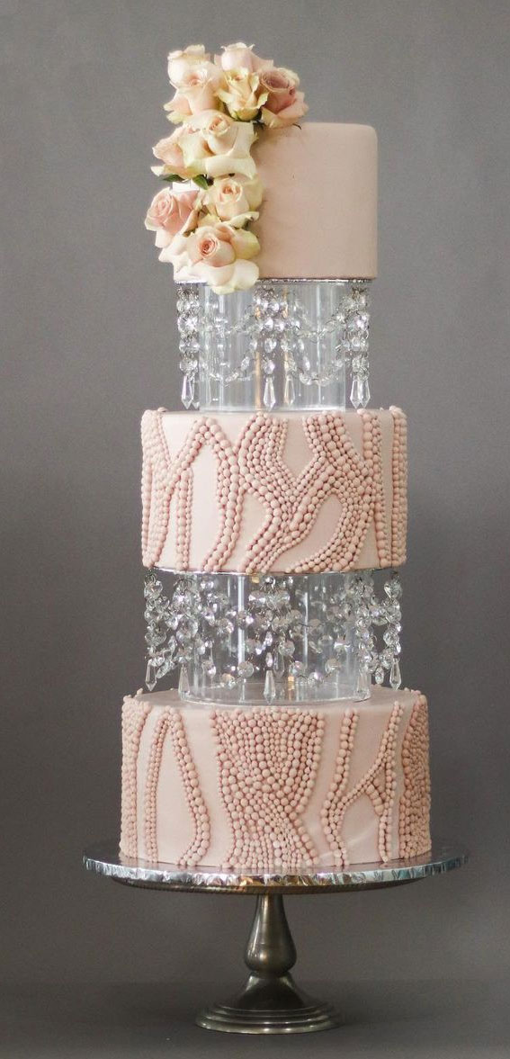 50 Artistic Masterpiece Wedding Cakes : Abstract Beaded 3 Tiers with a Floral Top