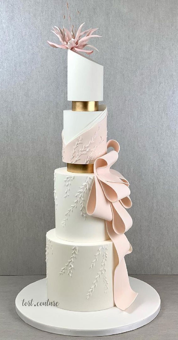 50 Artistic Masterpiece Wedding Cakes : Four Tier White Cake with Pink Details